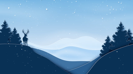 Paper art of winter season landscape and christmas concept background with deer,pine forest and mountains.Vector illustration.