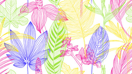 Botanical seamless pattern, colorful tropical leaves and flowers line art ink drawing on white