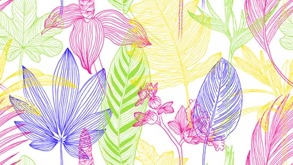 Foto auf Acrylglas Botanical seamless pattern, colorful tropical leaves and flowers line art ink drawing on white © momosama