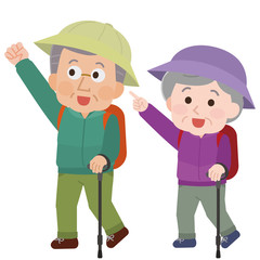 シニア夫婦　全身　ハイキング　イラスト