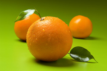 naranjas frescas, citricos, fruta fresca con hojas sobre fondo verde, foto de estudio