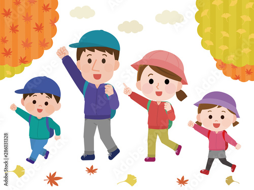 家族 秋の山 ハイキング イラスト03 Wall Mural Wallpaper Murals こけ田