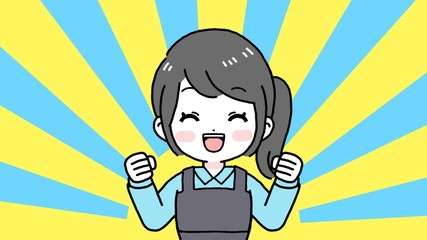 笑顔で喜ぶエプロン姿の女性（黒髪ポニーテール）　あっぱれ