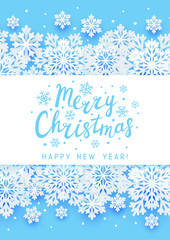 Naklejka na ściany i meble Christmas greeting card with paper snowflakes on blue background for Your holiday design