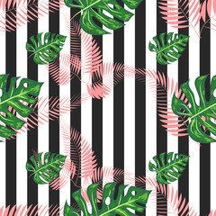 seamless pattern with monstera palm leaves. Tropical textile botanical design. black white geometric background.