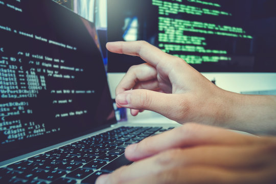 Developing programmer Development Website design and coding technologies working in software company office