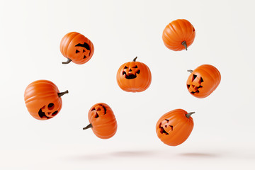 Happy Halloween pumpkins floating on white bright background. 3d rendering