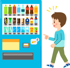 飲料の自動販売機と指さす若い男性