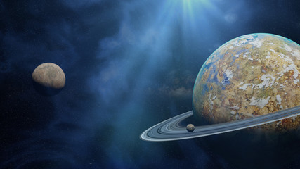 beautiful alien planet with ring system, exotic extraterrestrial world with moons © dottedyeti
