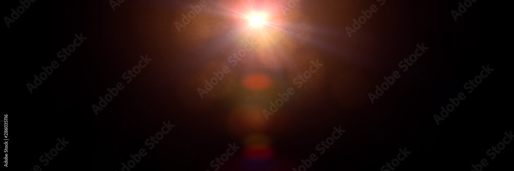 Wall mural centred lens flare effect with bokeh, overlay texture banner in front of a black background