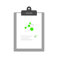 A piece of white paper with some random text and an image is clipped to a clipboard.