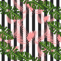 Monstera Pattern. Summer Design for Swimwear. Exotic Palm Greenery Backdrop. Monstera Seamless Pattern.