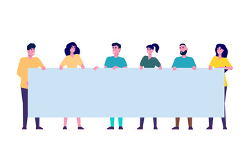 People with blank banner.  Different characters set. Vector illustration in flat style.
