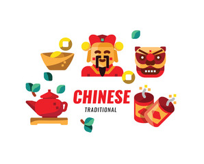 Chinese traditional culture, object and faith. Flat design icons. vector illustration