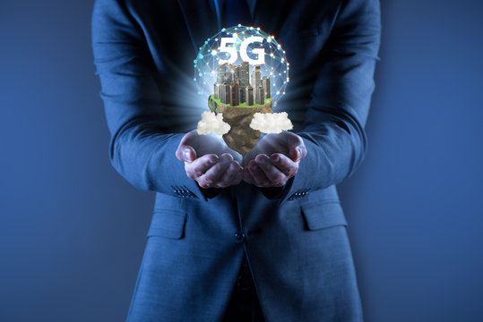 Concept of 5g technology with floating island