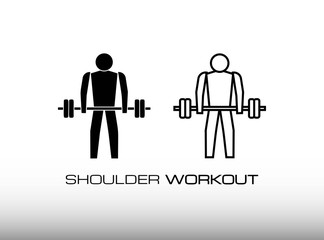 Set of Workout For Shoulder and Deltoid Muscle and Bigger Image Icon Vector. Shrug Black Icon Vector, consist of Two Variation Symbol and Sign Vector, In Glyph and Outline Design Style. Isolated on Wh