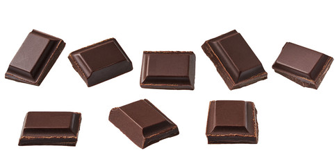 Single chocolate pieces isolated on white background, cut out.