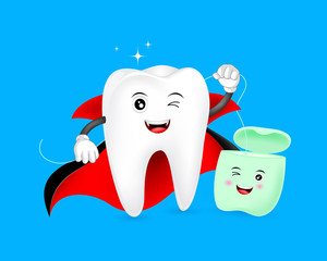 Halloween cartoon tooth cleaning itself by dental floss. Count dracula, funny dental care concept. Illustration isolated on blue background.