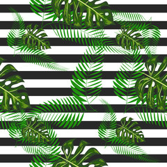 Monstera seamless striped pattern. Summer tropical design.