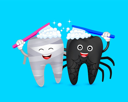 Halloween cartoon tooth character  brushing together. Mummy and spider. Happy Halloween concept. Illustration on blue background.