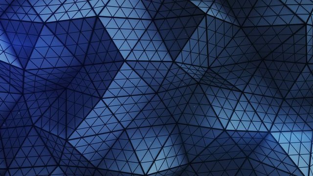 Blue low poly triangulated surface. Futuristic polygonal shape with lines. Contemporary abstract motion background. Seamless loop 3D render animation 4k UHD 3840x2160