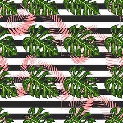 Monstera Pattern. Summer Design for Swimwear. Exotic Palm Greenery Backdrop. Monstera Seamless Pattern.