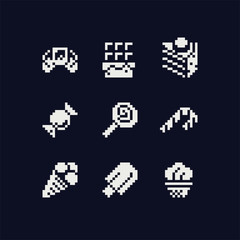 Sweets pixel art icons set. Sweet food, candies, chocolate, donut, wafer, cake, croissant and cookies isolated black and white vector illustration. Baked tasty food. Logo bakery, sticker and app. 