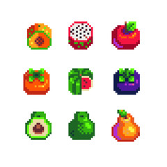 Fruits pixel art icons set,watermelon, peach, dragon, fruit, pear, avocado, orange and mangosteen. Design for logo, sticker and mobile app. Isolated vector illustration.