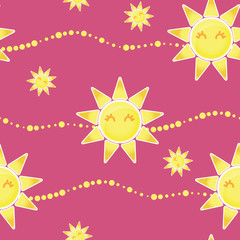 Seamless pattern with cute cartoon suns and circles. Vector illustration.