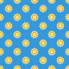Seamless pattern with cute cartoon suns on a blue background. Symmetrical pattern.