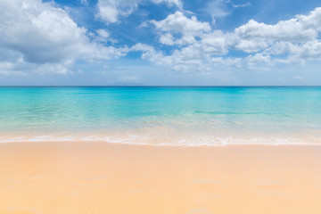 Beautiful clean sandy beach with soft blue wave of Caribbean sea. 