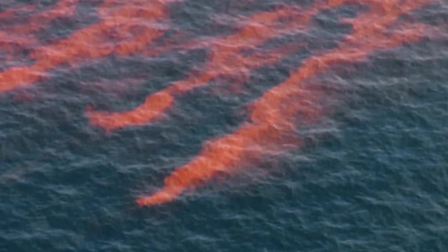 Aerial of the oil slick on the water caused by the BP oil spill, 2010