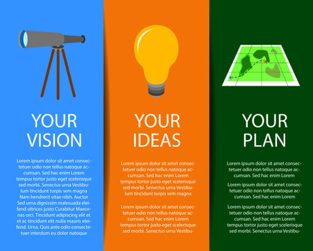 Your company's vision, ideas and plan. Vector template. Three part with graphic content and place for text
