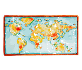 Bright advertising watercolor banner. World map. Dotted airplanes. Flight by plane. Illustration inspire for adventure.