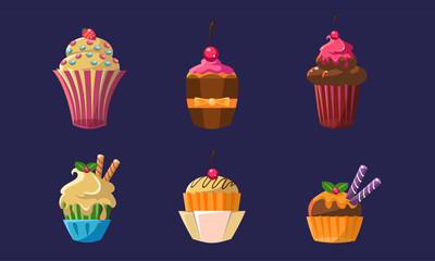 Colorful Delicious Cupcakes Set, Bright Sweets with Different Ingredients Vector Illustration