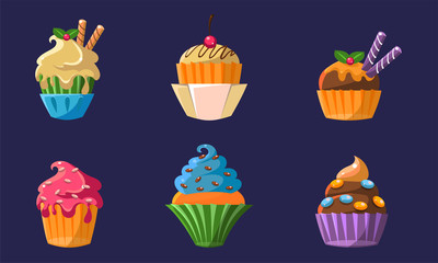 Colorful Delicious Cupcakes Set, Bright Creamy Desserts with Different Ingredients Vector Illustration