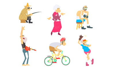 Funny Elderly People Performing Different Activities Set, Senior Men and Women Doing Sports, Cycling, Playing Musical Instruments, Having Fun Vector Illustration