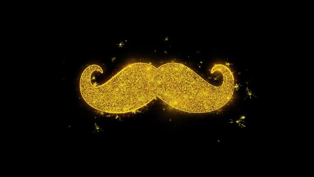 Mustache Icon Sparks Glitter Particles on Black Background. Shape, Design, Text, Element, Symbol Alpha Channel 4K Loop.