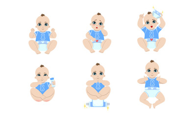 Cute Baby Daily Routine Set, Adorable Little Baby in Diaper with Different Emotions and Various Poses, Newborn Care Vector Illustration
