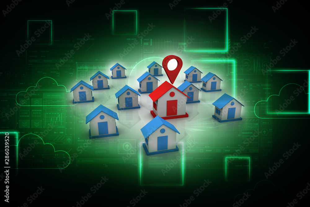 Poster 3d illustration search for property.a map with large red gps pointer containing