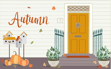 Hello Autumn illustration with Front Door House Exterior Entrance and autumn elements. Editable vector illustration