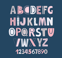 Alphabet and numbers. Vector of colorful stylized font. Editable vector illustration
