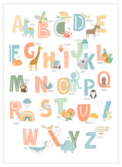 Kids english alphabet, A to Z with cute cartoon animals. Editable vector illustration