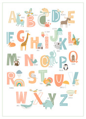 Kids english alphabet, A to Z with cute cartoon animals. Editable vector illustration - obrazy, fototapety, plakaty