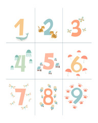 Counting and writing numbers for kids with cute cartoon animals. Editable vector illustration