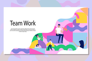 Teamwork and organization concept. Illustration of group of people organizing and arranging abstract geometric shapes. Editable vector illustration. Web Page Banner.