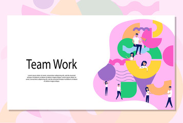 Teamwork and organization concept. Illustration of group of people organizing and arranging abstract geometric shapes. Editable vector illustration. Web Page Banner.