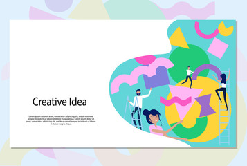 Creating creative ideas concept. Illustration of group of people organizing and arranging abstract geometric shapes. Editable vector illustration. Web Page Banner.