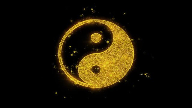 Yin Yang Symbol Of Harmony Icon Sparks Glitter Particles on Black Background. Shape, Design, Text, Element, Symbol Alpha Channel 4K Loop.