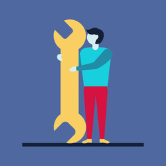 male worker holds a large wrench. vector flat illustration.